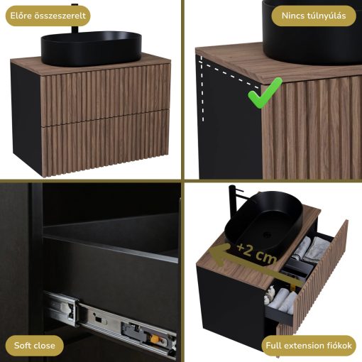 HD Rapallo Pro Black-Oak 60 komplett fürdőszoba bútor fali push-to-open mosdószekrénnyel, tölgyfa színű mosdópulttal és tükörrel