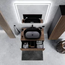 HD Rapallo Pro Black-Oak 60 komplett fürdőszoba bútor fali push-to-open mosdószekrénnyel, tölgyfa színű mosdópulttal és tükörrel