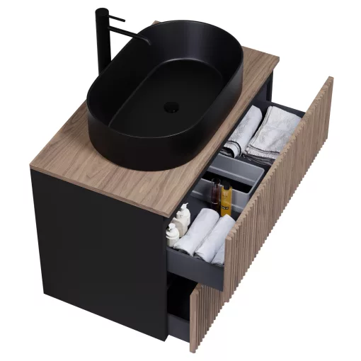 HD Turin Black-Oak 60 komplett fürdőszoba bútor fali mosdószekrénnyel, tölgyfa színű mosdópulttal és tükörrel