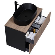 HD Turin Black-Oak 60 komplett fürdőszoba bútor szett fali mosdószekrénnyel, tölgyfa színű mosdópulttal, tükörrel és magasszekrénnyel