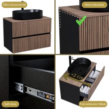 HD Turin Black-Oak 60 komplett fürdőszoba bútor szett fali mosdószekrénnyel, tölgyfa színű mosdópulttal, tükörrel és magasszekrénnyel