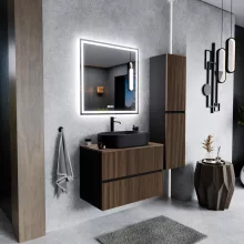 HD Turin Black-Oak 60 komplett fürdőszoba bútor szett fali mosdószekrénnyel, tölgyfa színű mosdópulttal, tükörrel és magasszekrénnyel