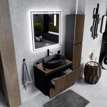 HD Turin Black-Oak 60 komplett fürdőszoba bútor szett fali mosdószekrénnyel, tölgyfa színű mosdópulttal, tükörrel és magasszekrénnyel