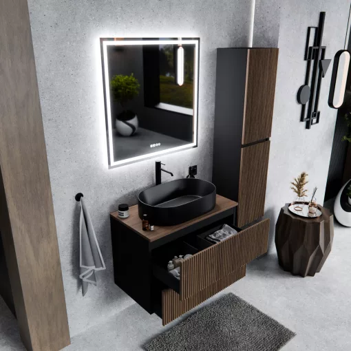 HD Turin Black-Oak 60 komplett fürdőszoba bútor szett fali mosdószekrénnyel, tölgyfa színű mosdópulttal, tükörrel és magasszekrénnyel