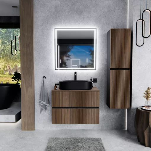 HD Turin Black-Oak 60 komplett fürdőszoba bútor szett fali mosdószekrénnyel, tölgyfa színű mosdópulttal, tükörrel és magasszekrénnyel