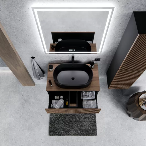 HD Turin Black-Oak 60 komplett fürdőszoba bútor szett fali mosdószekrénnyel, tölgyfa színű mosdópulttal, tükörrel és magasszekrénnyel