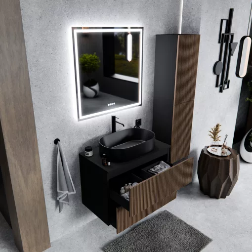HD Rapallo Pro Black-Oak 60 fali mosdószekrény, push-to-open mechanizmussal, fekete mosdópulttal
