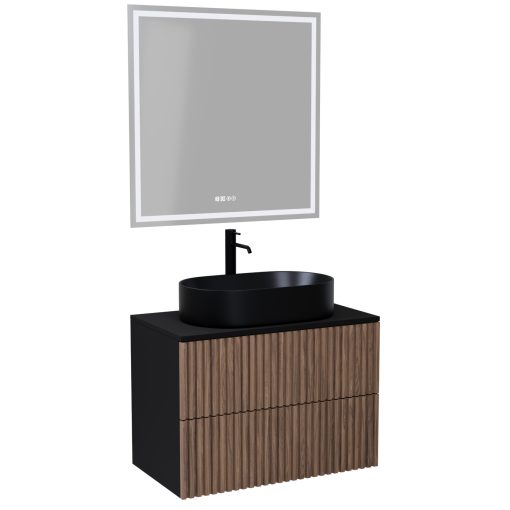 HD Rapallo Pro Black-Oak 60 komplett fürdőszoba bútor fali push-to-open mosdószekrénnyel, fekete mosdópulttal és tükörrel