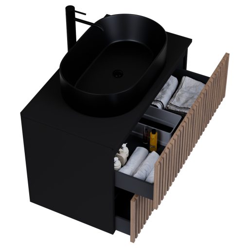 HD Rapallo Pro Black-Oak 60 komplett fürdőszoba bútor fali push-to-open mosdószekrénnyel, fekete mosdópulttal és tükörrel