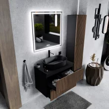 HD Rapallo Pro Black-Oak 60 komplett fürdőszoba bútor fali push-to-open mosdószekrénnyel, fekete mosdópulttal és tükörrel