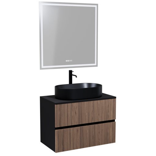 HD Turin Black-Oak 60/80 komplett fürdőszoba bútor fali mosdószekrénnyel, fekete mosdópulttal és tükörrel