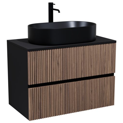 HD Turin Black-Oak 60/80 komplett fürdőszoba bútor fali mosdószekrénnyel, fekete mosdópulttal és tükörrel