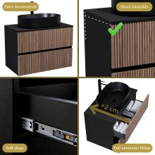 HD Turin Black-Oak 60/80 komplett fürdőszoba bútor fali mosdószekrénnyel, fekete mosdópulttal és tükörrel