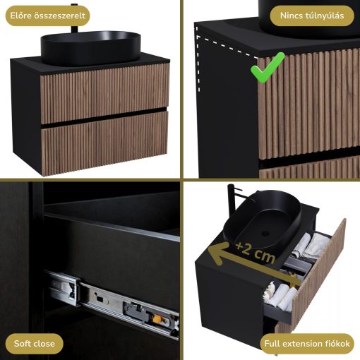 HD Turin Black-Oak 60/80 komplett fürdőszoba bútor fali mosdószekrénnyel, fekete mosdópulttal és tükörrel