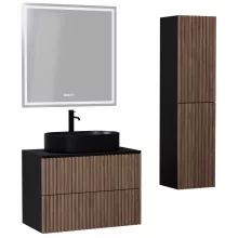 HD Rapallo Pro Black-Oak 60 komplett fürdőszoba bútor szett fali push-to-open mosdószekrénnyel, fekete mosdópulttal, tükörrel és magasszekrénnyel