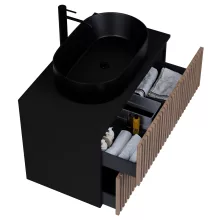 HD Rapallo Pro Black-Oak 60 komplett fürdőszoba bútor szett fali push-to-open mosdószekrénnyel, fekete mosdópulttal, tükörrel és magasszekrénnyel