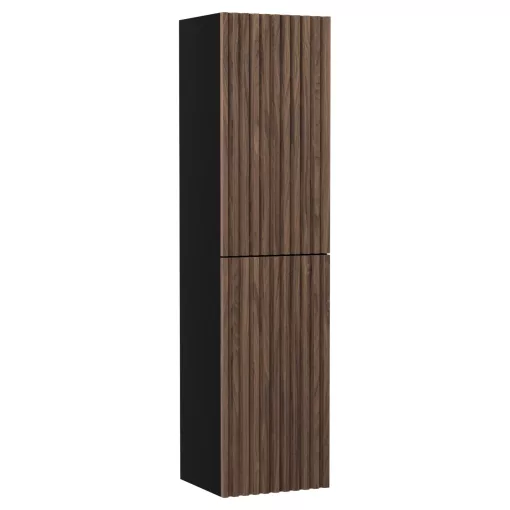 HD Rapallo Pro Black-Oak 60 komplett fürdőszoba bútor szett fali push-to-open mosdószekrénnyel, fekete mosdópulttal, tükörrel és magasszekrénnyel