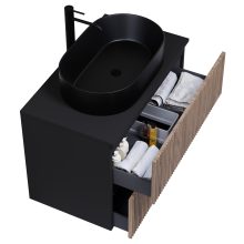 HD Turin Black-Oak 60/80 komplett fürdőszoba bútor szett fali mosdószekrénnyel, fekete mosdópulttal, tükörrel és magasszekrénnyel