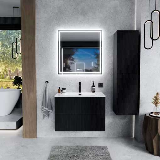 HD Ravello Pro Matt Black 60 fali mosdószekrény, push-to-open mechanizmussal, fényes fehér slim mosdóval