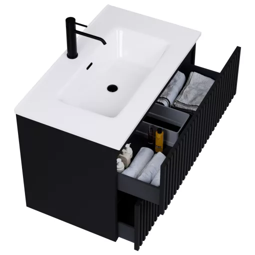 HD Ravello Pro Matt Black 60 komplett fürdőszoba bútor fali push-to-open mosdószekrénnyel, fényes fehér slim mosdóval és tükörrel