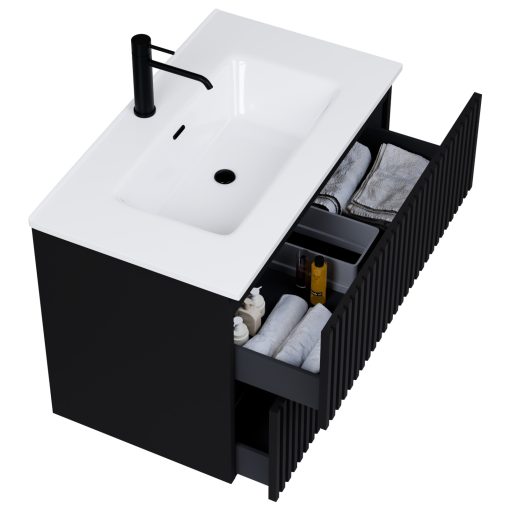 HD Ravello Pro Matt Black 60 komplett fürdőszoba bútor szett fali push-to-open mosdószekrénnyel, fényes fehér slim mosdóval, tükörrel és magasszekrénnyel