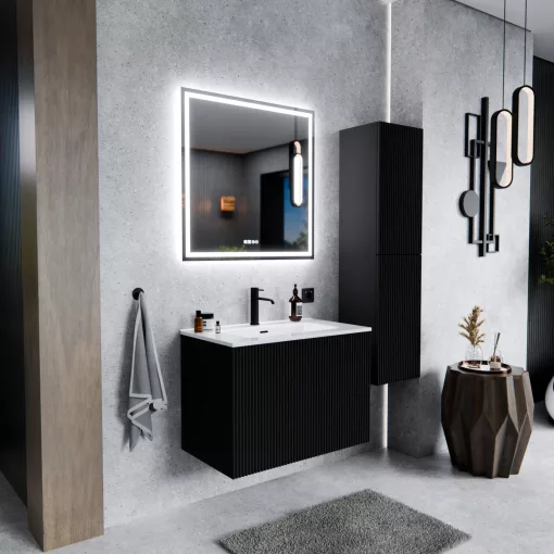 HD Ravello Pro Matt Black 60 komplett fürdőszoba bútor szett fali push-to-open mosdószekrénnyel, fényes fehér slim mosdóval, tükörrel és magasszekrénnyel