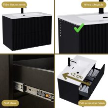 HD Ravello Pro Matt Black 60 komplett fürdőszoba bútor szett fali push-to-open mosdószekrénnyel, fényes fehér slim mosdóval, tükörrel és magasszekrénnyel