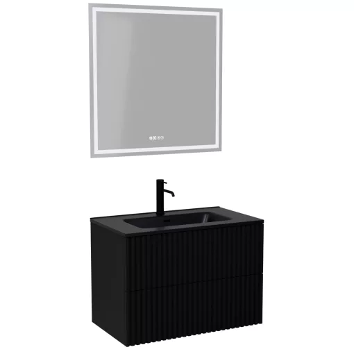 HD Ravello Pro Matt Black 60 komplett fürdőszoba bútor fali push-to-open mosdószekrénnyel, matt fekete slim mosdóval és tükörrel