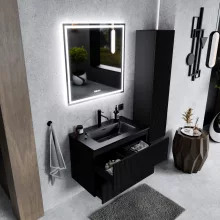 HD Ravello Pro Matt Black 60 komplett fürdőszoba bútor fali push-to-open mosdószekrénnyel, matt fekete slim mosdóval és tükörrel