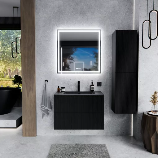 HD Ravello Pro Matt Black 60 komplett fürdőszoba bútor fali push-to-open mosdószekrénnyel, matt fekete slim mosdóval és tükörrel