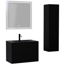 HD Ravello Pro Matt Black 60 komplett fürdőszoba bútor szett fali push-to-open mosdószekrénnyel, matt fekete slim mosdóval, tükörrel és magasszekrénnyel