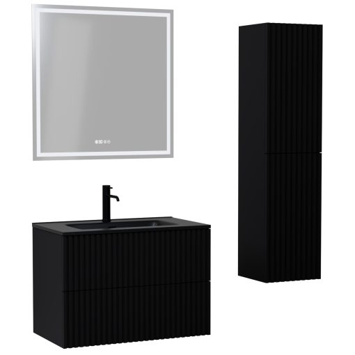 HD Ravello Pro Matt Black 60 komplett fürdőszoba bútor szett fali push-to-open mosdószekrénnyel, matt fekete slim mosdóval, tükörrel és magasszekrénnyel