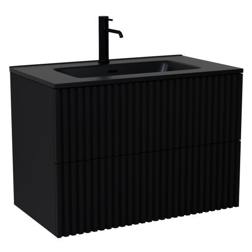 HD Ravello Pro Matt Black 60 komplett fürdőszoba bútor szett fali push-to-open mosdószekrénnyel, matt fekete slim mosdóval, tükörrel és magasszekrénnyel