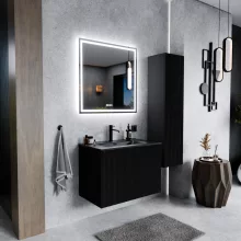 HD Ravello Pro Matt Black 60 komplett fürdőszoba bútor szett fali push-to-open mosdószekrénnyel, matt fekete slim mosdóval, tükörrel és magasszekrénnyel