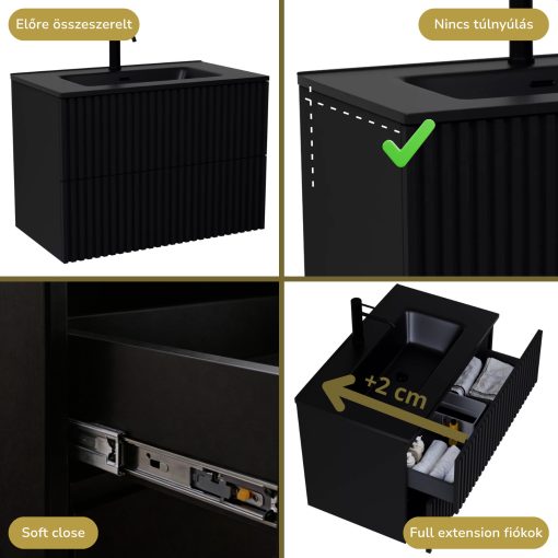 HD Ravello Pro Matt Black 60 komplett fürdőszoba bútor szett fali push-to-open mosdószekrénnyel, matt fekete slim mosdóval, tükörrel és magasszekrénnyel