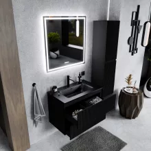 HD Torino Matt Black 60 komplett fürdőszoba bútor szett fali mosdószekrénnyel, matt fekete slim mosdóval, tükörrel és magasszekrénnyel
