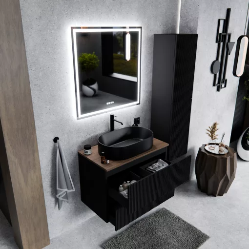 HD Rapallo Pro Matt Black 60 fali mosdószekrény, push-to-open mechanizmussal, tölgyfa színű mosdópulttal