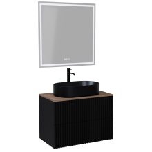 HD Rapallo Pro Matt Black 60 komplett fürdőszoba bútor fali push-to-open mosdószekrénnyel, tölgyfa színű mosdópulttal és tükörrel