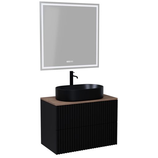 HD Rapallo Pro Matt Black 60 komplett fürdőszoba bútor fali push-to-open mosdószekrénnyel, tölgyfa színű mosdópulttal és tükörrel