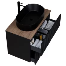 HD Rapallo Pro Matt Black 60 komplett fürdőszoba bútor fali push-to-open mosdószekrénnyel, tölgyfa színű mosdópulttal és tükörrel