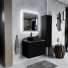 HD Rapallo Pro Matt Black 60 komplett fürdőszoba bútor fali push-to-open mosdószekrénnyel, tölgyfa színű mosdópulttal és tükörrel