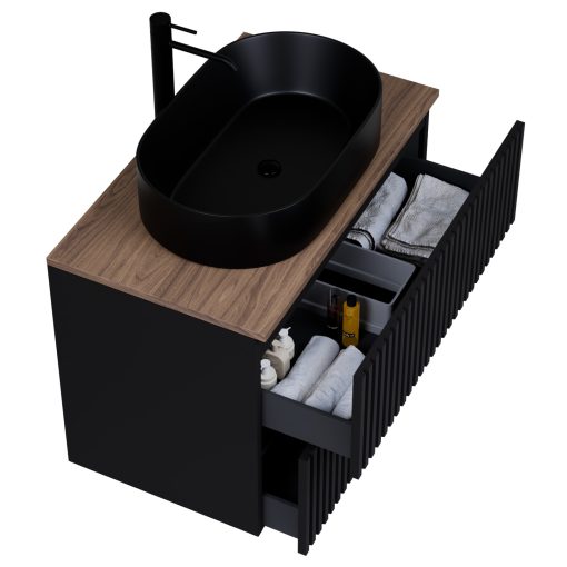 HD Rapallo Pro Matt Black 60 komplett fürdőszoba bútor fali push-to-open mosdószekrénnyel, tölgyfa színű mosdópulttal és tükörrel