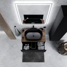 HD Rapallo Pro Matt Black 60 komplett fürdőszoba bútor fali push-to-open mosdószekrénnyel, tölgyfa színű mosdópulttal és tükörrel