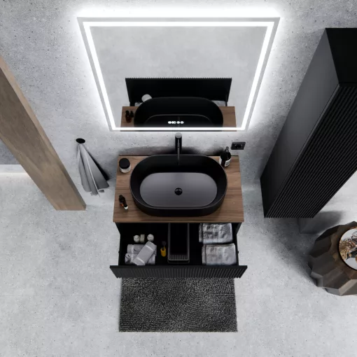 HD Rapallo Pro Matt Black 60 komplett fürdőszoba bútor fali push-to-open mosdószekrénnyel, tölgyfa színű mosdópulttal és tükörrel