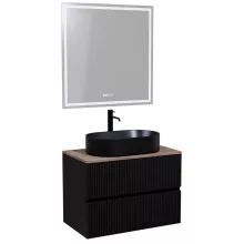 HD Turin Matt Black 60 komplett fürdőszoba bútor fali mosdószekrénnyel, tölgyfa színű mosdópulttal és tükörrel