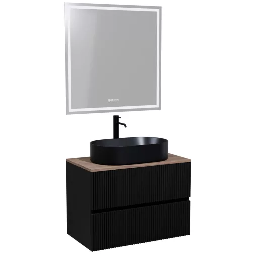 HD Turin Matt Black 60 komplett fürdőszoba bútor fali mosdószekrénnyel, tölgyfa színű mosdópulttal és tükörrel