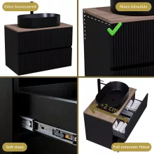 HD Turin Matt Black 60 komplett fürdőszoba bútor fali mosdószekrénnyel, tölgyfa színű mosdópulttal és tükörrel