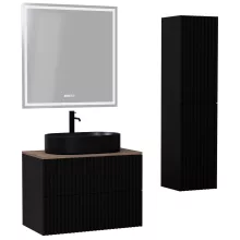 HD Rapallo Pro Matt Black 60 komplett fürdőszoba bútor szett fali push-to-open mosdószekrénnyel, tölgyfa színű mosdópulttal, tükörrel és magasszekrénnyel