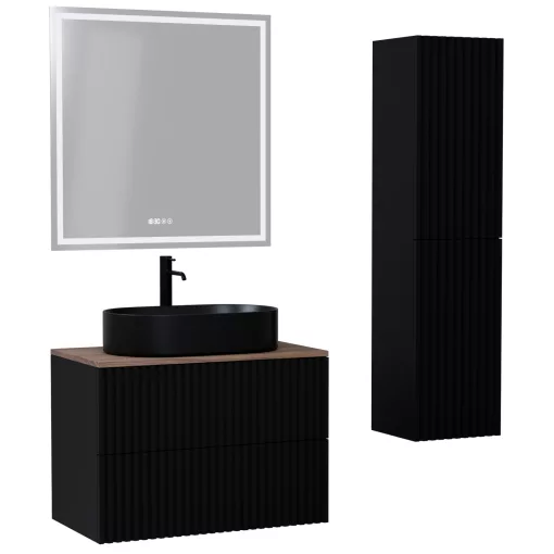 HD Rapallo Pro Matt Black 60 komplett fürdőszoba bútor szett fali push-to-open mosdószekrénnyel, tölgyfa színű mosdópulttal, tükörrel és magasszekrénnyel