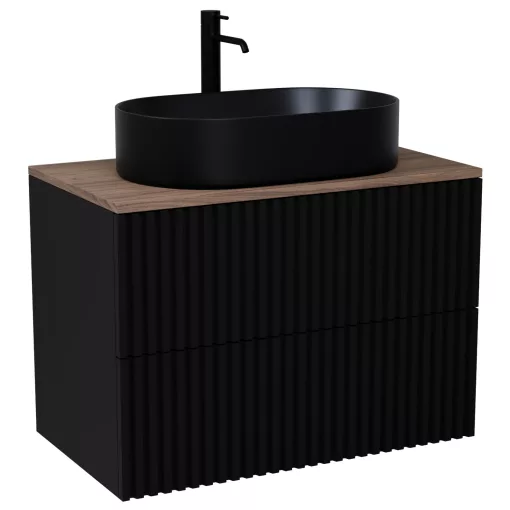 HD Rapallo Pro Matt Black 60 komplett fürdőszoba bútor szett fali push-to-open mosdószekrénnyel, tölgyfa színű mosdópulttal, tükörrel és magasszekrénnyel